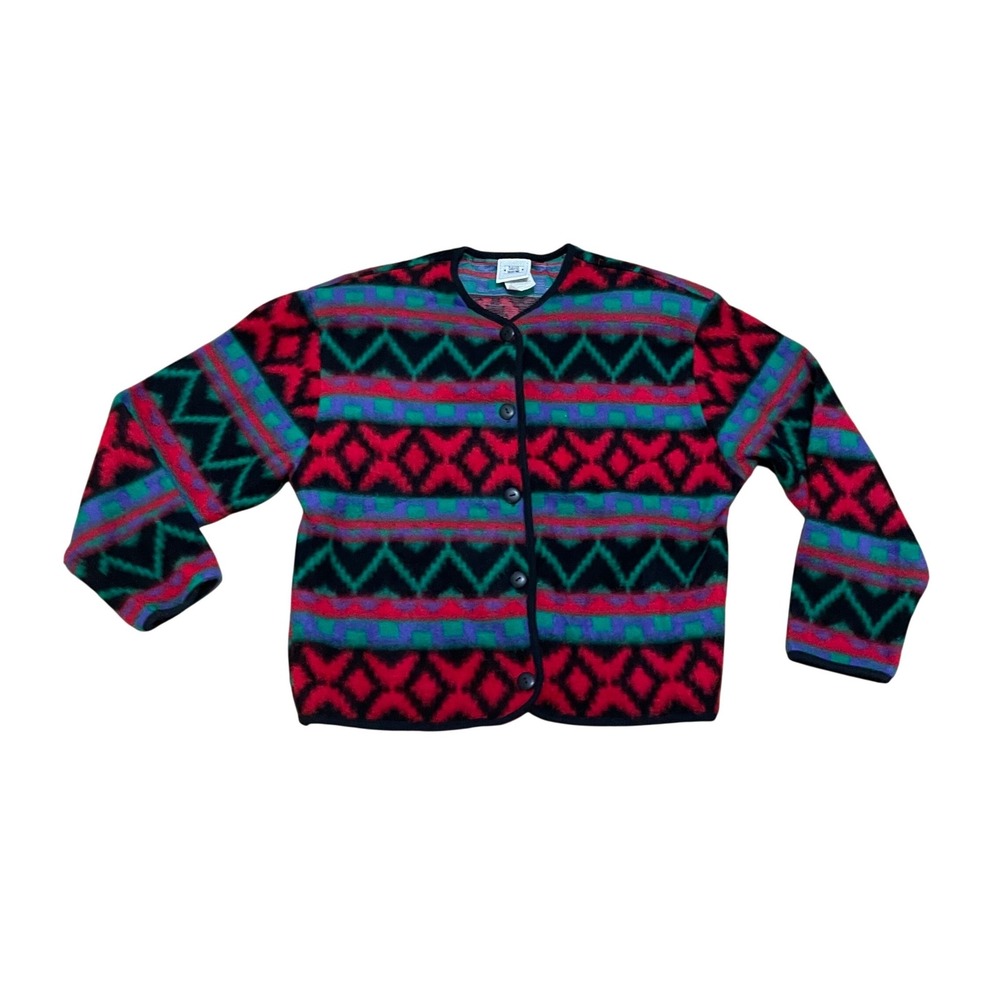 VTG David Wayne Women's Small 90s Geometric Fair Isle Button Cardigan Red Green